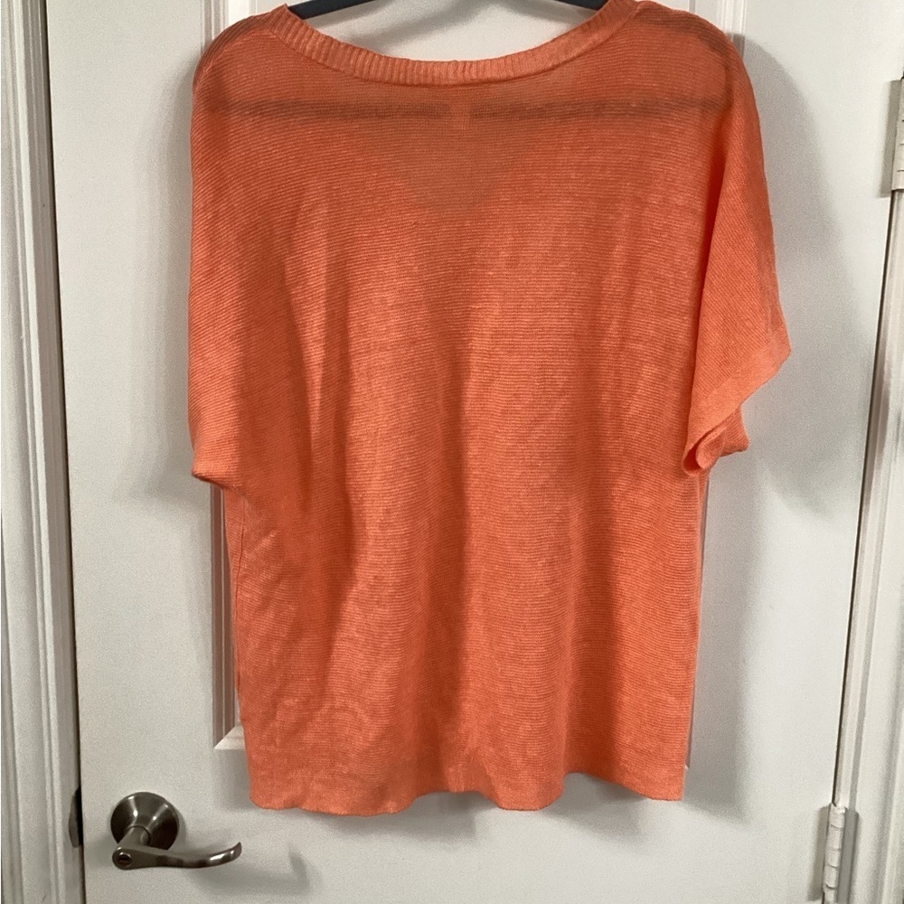 Eileen Fisher Vibrant Orange V-Neck Linen Tee - Picture 3 of 4